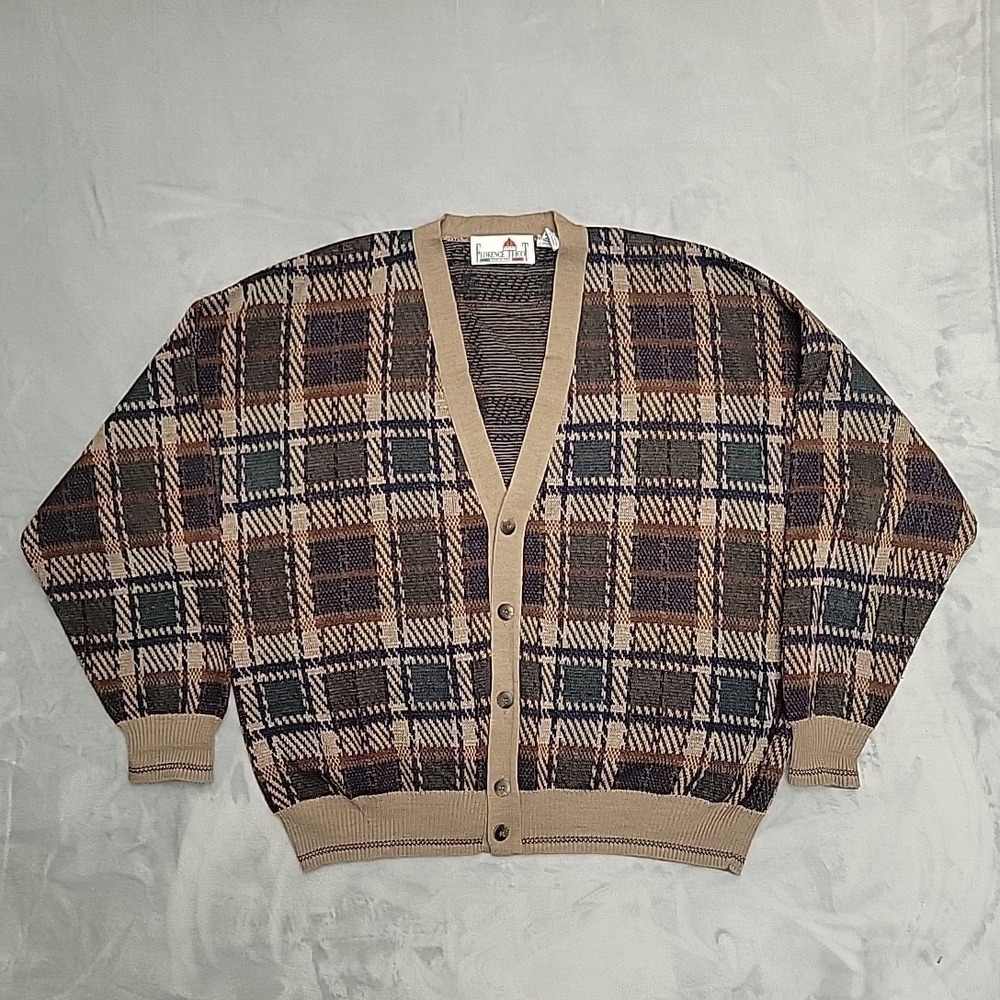 Vintage Florence Tricot Cardigan Sweater Men XL Plaid Wool Blend Made in Italy